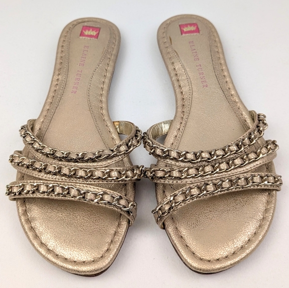 Elaine Turner Slide Sandals Strappy Chain Detail Metallic Gold Flats Glam 6.5 - Picture 1 of 10